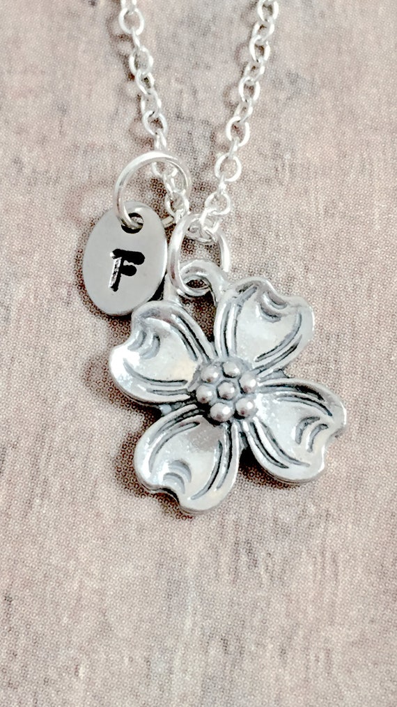 Dogwood Flower Initial Necklace Dogwood Jewelry Nature Jewelry