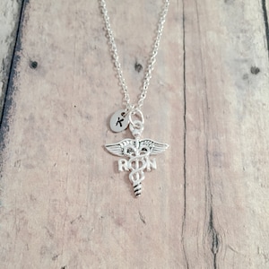 RN Caduceus Initial Necklace: Medical Jewelry, Registered Nurse Gift