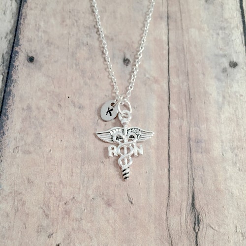 RN Caduceus Initial Necklace: Medical Jewelry, Registered Nurse Gift