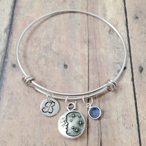 Moon and stars initial bangle - moon jewelry, stars jewelry, celestial jewelry, moon bracelet, stars bangle, celestial bracelet, moon gift