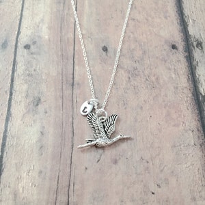 Crane initial necklace crane jewelry, heron jewelry, bird jewelry, crane necklace, heron necklace, crane gift, heron gift, bird necklace image 1