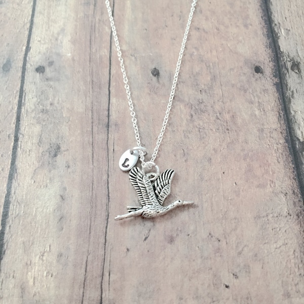 Crane initial necklace - crane jewelry, heron jewelry, bird jewelry, crane necklace, heron necklace, crane gift, heron gift, bird necklace