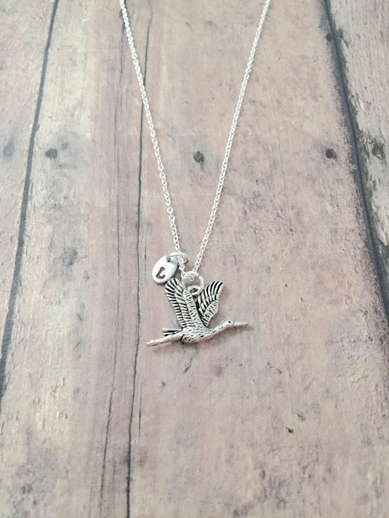 Crane initial necklace crane jewelry, heron jewelry, bird jewelry, crane necklace, heron necklace, crane gift, heron gift, bird necklace image 1