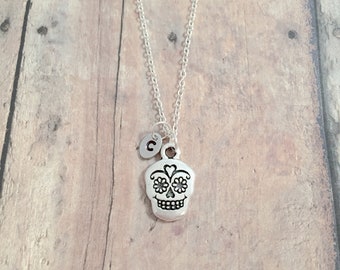 Sugar Skull Initial Necklace: Calavera Jewelry, Day Of The Dead Necklace
