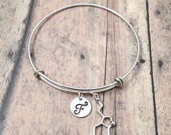 Serotonin initial bangle - serotonin jewelry, neurology jewelry, chemistry bracelet, science jewelry, silver serotonin pendant