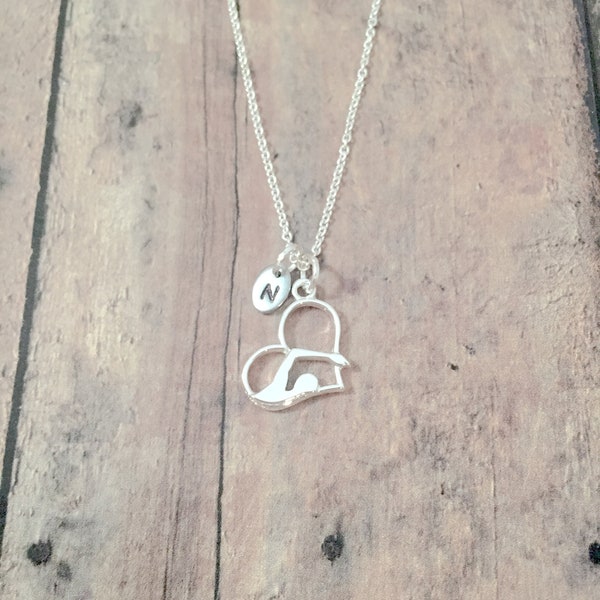 Swimmer initial necklace - swimmer jewelry, pool jewelry, swim team jewelry, swimmer necklace, swim necklace, swimming gift, swim gift