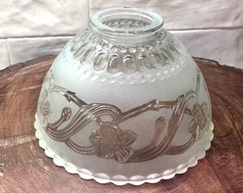 Vintage Frosted Glass Lamp Shade: Floral Vine Embossed, Scalloped Edge, Art Nouveau Style