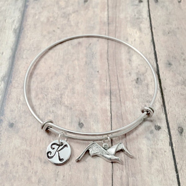 Seagull initial bangle - seagull jewelry, beach jewelry, Florida jewelry, seagull bracelet, beach bangle, seagull gift, Florida bracelet