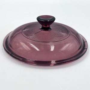May include: A clear, purple-tinted glass lid with a rounded shape and a central knob. The lid features a ridged design radiating from the center. The knob is a darker shade of purple. This kitchenware item is designed to fit a pot or pan.