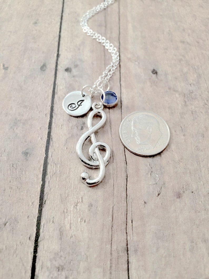 Treble clef initial necklace with birthstone treble clef jewelry, music jewelry, music teacher gift, treble clef necklace, music gift image 3