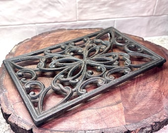 Vintage Cast Iron Trivet Ornate Scroll Farmhouse Hot Plate 10x6