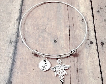 Physician Assistant Initial Bangle: Caduceus Jewelry, PA Gift