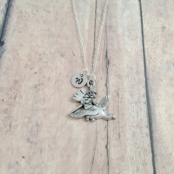 Flying goose initial necklace - goose jewelry, storybook jewelry, fairy tale jewelry, goose necklace, librarian gift, goose gift