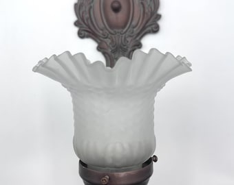 Vintage Ornate Bronze Tone Wall Sconce, Frosted Fluted Glass Shade, Cottage Victorian Light Fixture