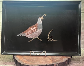 Vintage Couroc Serving Tray Quail Bird Black Mid Century California Barware