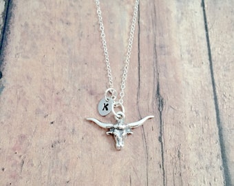 Longhorn steer initial necklace (sterling silver) Longhorn jewelry, Texas jewelry, Longhorn necklace, longhorn gift, longhorn pendant