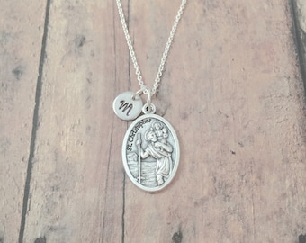 Saint Christopher initial necklace - St. Christopher jewelry, religious jewelry, Catholic necklace, Saint Christopher necklace