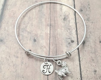 Cairn terrier initial bangle - Cairn terrier jewelry, dog breed bangle, silver Cairn terrier pendant, dog breed bracelet, Cairn terrier gift