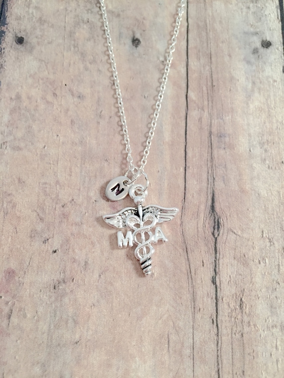 Medical Assistant Initial Necklace: Caduceus Jewelry, MA Necklace