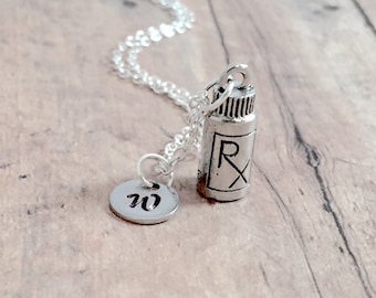 Pharmacist Initial Necklace: Rx Bottle Jewelry, Pharmacy Pendant
