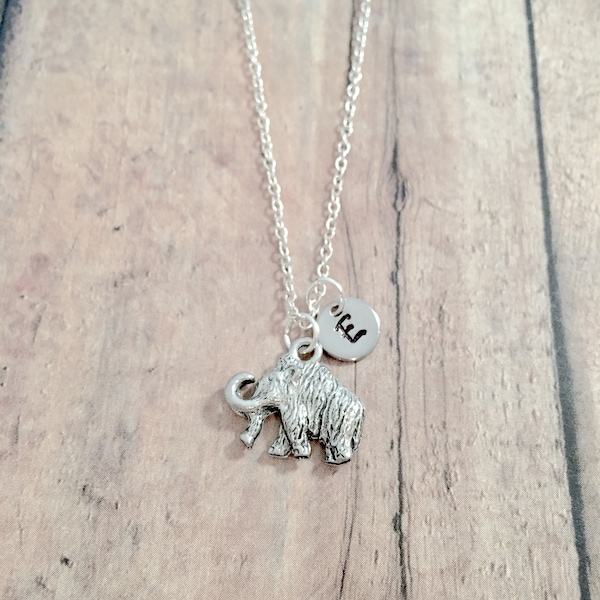 Wooly Mammoth initial necklace - wooly mammoth jewelry, prehistoric animal jewelry, paleontology jewelry, silver wooly mammoth necklace