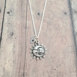 Sterling Silver Sun and Moon Initial Necklace: Celestial Jewelry