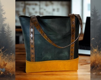 One of a Kind Handmade Earthtone Leather Tote Outside Pocket with Stamped Leather Handles and Brass Feet