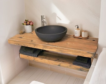 Unique Bathroom Rustic Floating Vanity with Reclaimed Wood, Custom Natural Bathroom Sink Vanity, Live Edge Shelf Vanity, Gift for Her/Woman