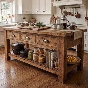 May include: A rustic wooden kitchen island with three drawers featuring brass cup pulls. The lower slatted shelf holds glass jars filled with grains, pasta, books, and a bowl of lemons. The top surface displays a wooden cutting board, mugs, and a coffee press.