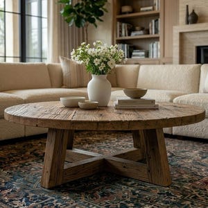 May include: A round coffee table constructed from reclaimed wood with a visible grain texture, featuring a sturdy cross-base support. On the tabletop sits a white ceramic vase filled with white flowers, two small bowls, and two stacked books.