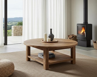 Rustic Round Coffee Table for Living Room Custom Handmade Reclaimed Wood Barnwood Coffee Table with Shelf Low Round Furniture Decor for Gift