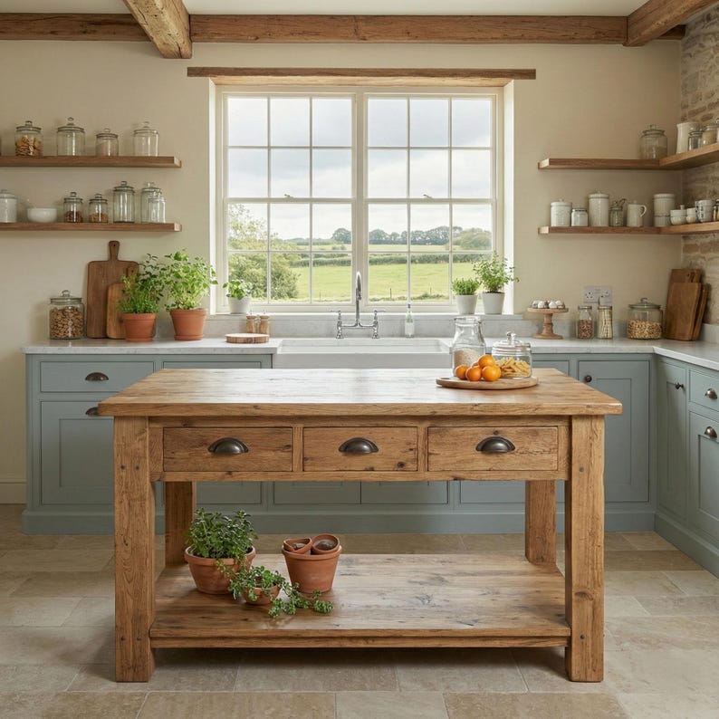 Reclaimed Wood Kitchen Island Rustic Counter Height Kitchen Table, Custom Farmhouse Kitchen Island Wood Counter Height Table with 3 Drawers image 3