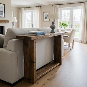 May include: A rectangular console table crafted from dark brown reclaimed wood with a visible grain and rough texture. The table features a flat top surface, two vertical side supports, and a bottom shelf, positioned directly behind a light beige sofa.