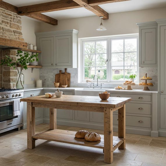 Îlot De Cuisine Rustique Fait Main - 4 Tiroirs - Bois Bleu - 100x80x90 Cm