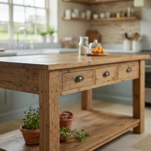 Reclaimed Wood Kitchen Island Rustic Counter Height Kitchen Table, Custom Farmhouse Kitchen Island Wood Counter Height Table with 3 Drawers image 2