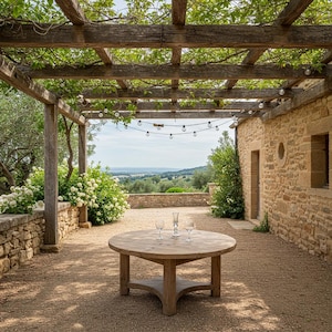 May include: Outdoor patio scene with a round wooden table, two wine glasses, and a champagne flute. The patio is under a wooden pergola covered in vines, with string lights. A stone building and a view of rolling hills are in the background.