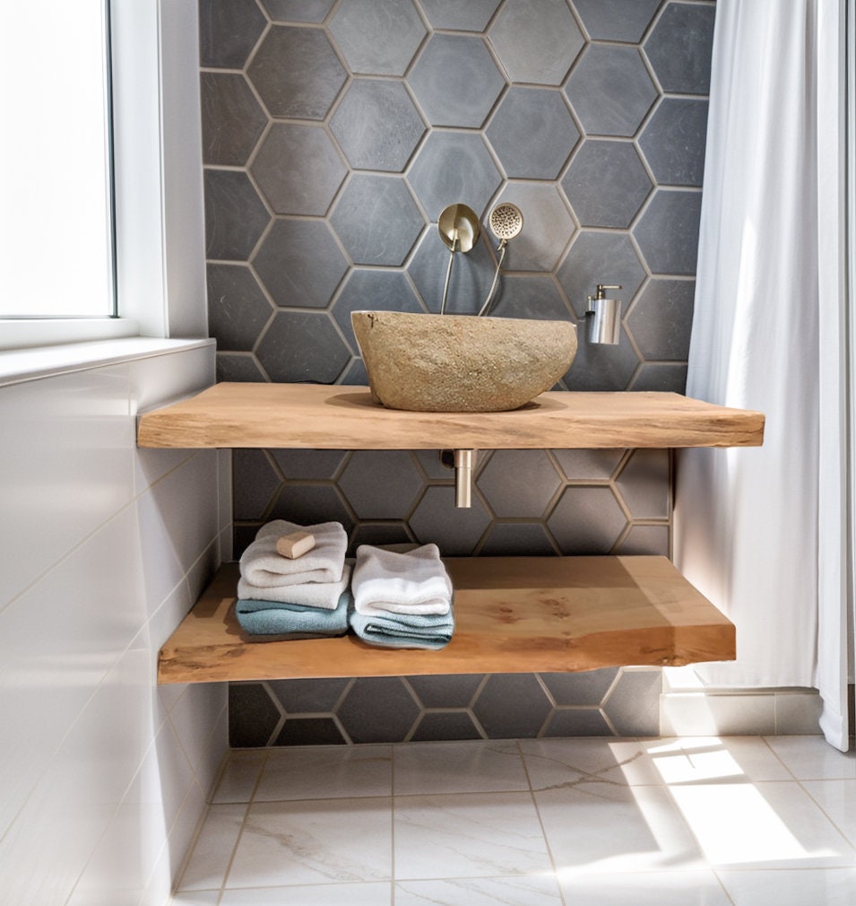 Handcrafted Bathroom Rustic Floating Vanity with Reclaimed Wood, Custom Natural Bathroom Sink Vanity, Live Edge Shelf Vanity, Gift for Her