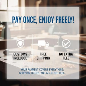 The image is a promotional graphic for a product or service, featuring a shield, a truck, and a checkmark, along with text that states "Pay once, enjoy freely!" and lists the included and not included features.