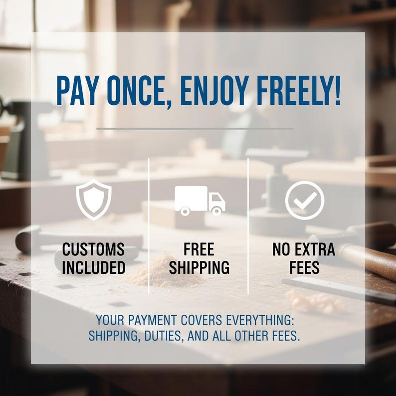 The image is a promotional graphic for a product or service, featuring a shield, a truck, and a checkmark, along with text that states "Pay once, enjoy freely!" and lists the included and not included features.