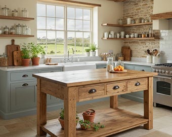 Reclaimed Wood Kitchen Island  Rustic Counter Height Kitchen Table, Custom Farmhouse Kitchen Island Wood Counter Height Table with 3 Drawers