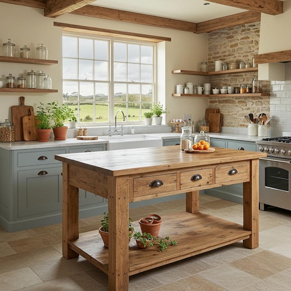 Reclaimed Wood Kitchen Island  Rustic Counter Height Kitchen Table, Custom Farmhouse Kitchen Island Wood Counter Height Table with 3 Drawers