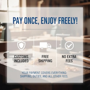 The image is a promotional graphic for a product or service, featuring a shield, a truck, and a checkmark, along with text that states "Pay once, enjoy freely!" and lists the included and not included features.