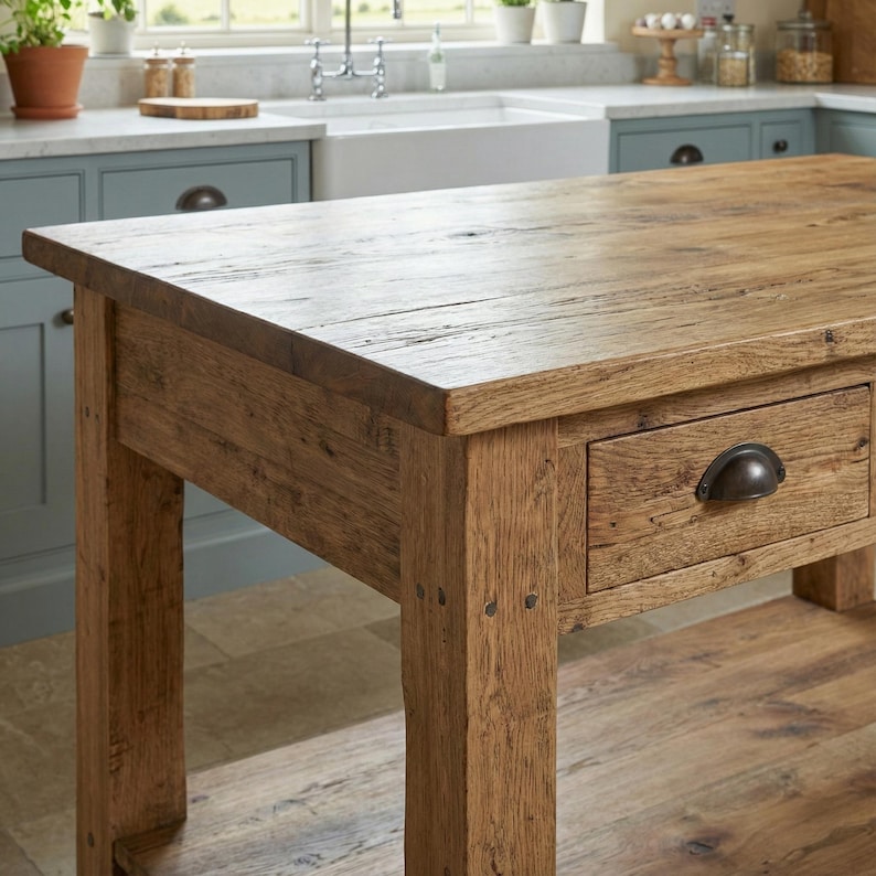 Reclaimed Wood Kitchen Island Rustic Counter Height Kitchen Table, Custom Farmhouse Kitchen Island Wood Counter Height Table with 3 Drawers image 6