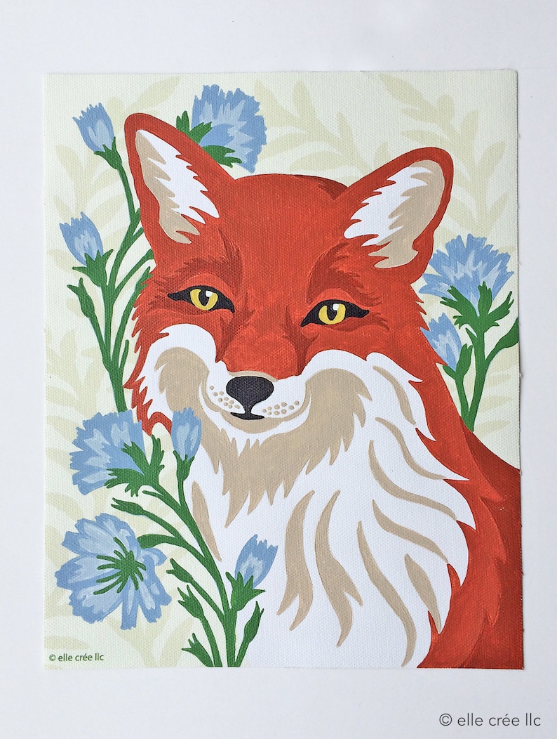 Paint-by-number painting of a red fox surrounded by periwinkle blue chicory flower stalks with a pre-printed background featuring a botanical fern pattern.