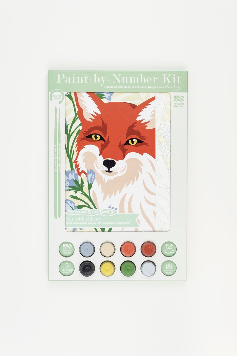 Paint by number kit for adults featuring a red fox bust and blue chicory stalks. The craft kit is in its eco-friendly packaging from Elle Crée showing 8 acrylic paints and 2 vegan paintbrushes.