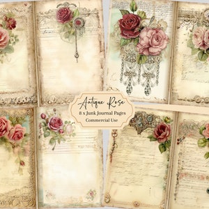 Roses Junk Journal Paper Kit, Vintage Floral Printable Ephemera, Old Botanical Flower Scrapbook Pink Shabby Chic Digital, Mixed Media Pages