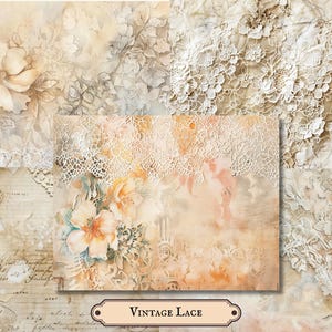 Puede incluir: Un collage de encajes y patrones florales de estilo vintage en tonos suaves y apagados de beige, crema y melocotón. La imagen presenta varias texturas de encaje, flores de acuarela y una pancarta que dice "Vintage Lace".