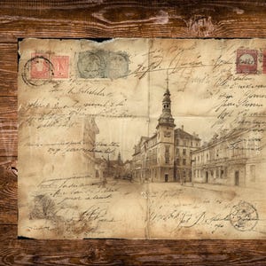 May include: An antique letter with stamps and handwritten script, featuring a detailed illustration of a European town square with a clock tower. The aged paper has visible creases and stains, set against a rustic wooden background.
