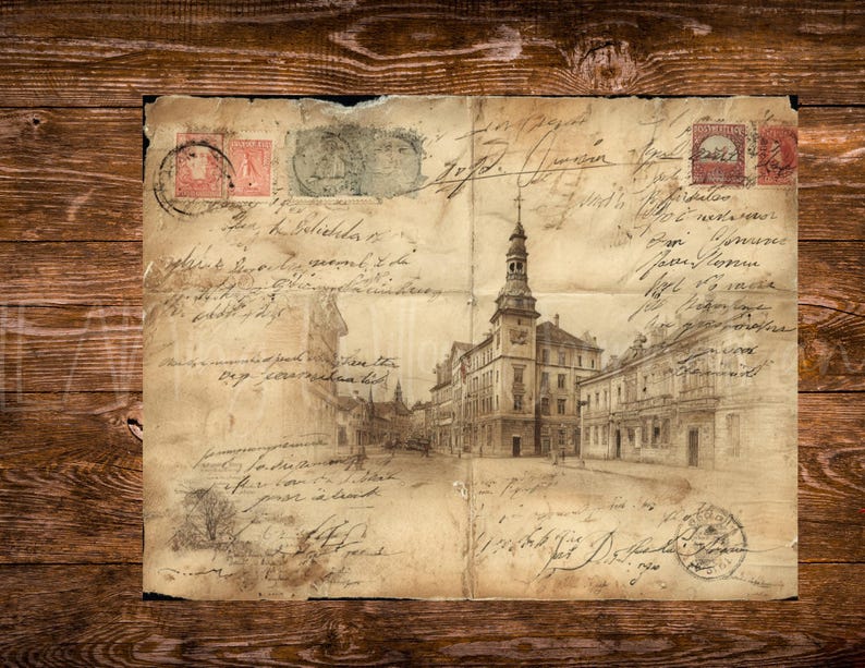 May include: An antique letter with stamps and handwritten script, featuring a detailed illustration of a European town square with a clock tower. The aged paper has visible creases and stains, set against a rustic wooden background.