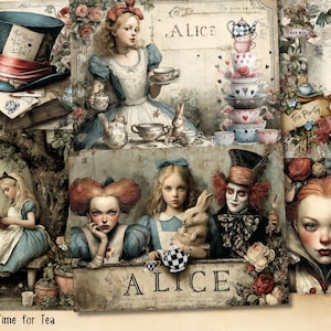 Può includere: Un collage di illustrazioni con personaggi ed elementi di Alice nel Paese delle Meraviglie. Le immagini includono Alice, il Cappellaio Matto, una pila di tazze da tè e i testi "Alice" e "Tea Party". La tavolozza dei colori è tenue con toni vintage.